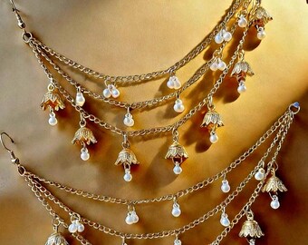 Boho Pearl Tassel 2pc Ear Chain with Pendant Earring Jacket Connector Statement Jewelry Gift
