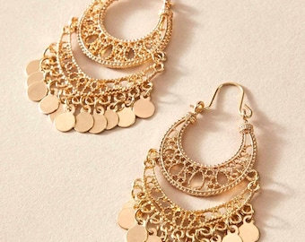 imoli Disc Charm Drop Earrings – Hollow Out Geometric Dangle – Boho Filigree