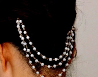 Bridal Faux Pearl Tassel Headpiece Dual Pearl Hair Clips Wedding Head Chain Hair Jewelry