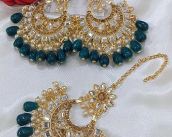 Golden Tikka and Earrings Set For Women _ New Collection C Green in Color
