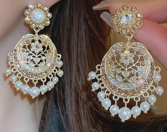 Boho Vintage Crystal & Pearl Tassel Earrings Retro Round Drop Luxury Statement Jewelry