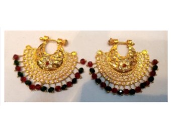 Golden Half Round Hoop Earrings with Red and Green Beads