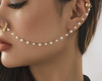 Punk Nose Chain Jewelry Faux Pearl Star Tassel Nose Clip Earrings Women