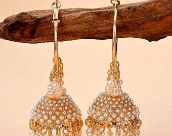 Large Pearl Hoop Earrings – Beaded Round Dangle – Wedding, Party, Daily Wear
