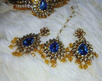 Kundan Chokar handmade kundan Set Blue in color Tikka, Earrings included