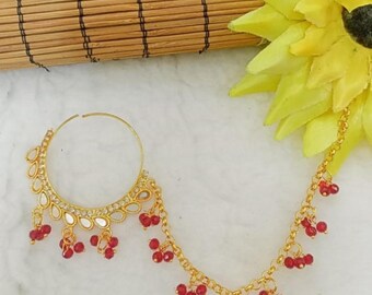 Golden Bridal Red Nose Ring Nath Crystal Drop Artificial Jewelry