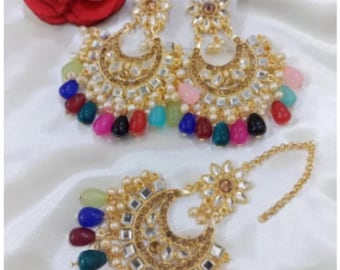 Golden Tikka and Earrings Set For Women _ New Collection Multi in Color