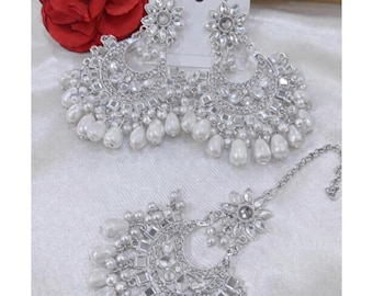 Golden Tikka and Earrings Set For Women _ New Collection Silver in Color