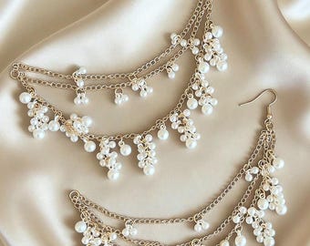 Faux Pearl Tassel 2pc Bohemian Ear Chain – Earring Connector Chain Boho Jewelry