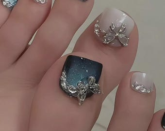 Cat Eye Press On Toe Nails Glitter Butterfly Rhinestone False Nails 24PCS Y2K