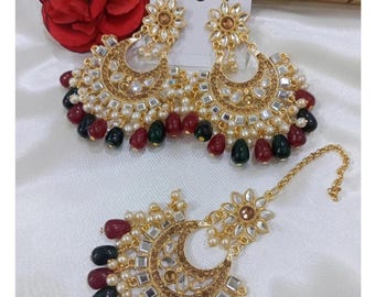 Golden Tikka and Earrings Set For Women _ New Collection Maroon and Green