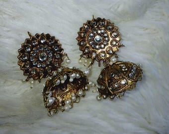 Gold-Tone Jhumki Earrings with Pearl Beads and Stones – Ethnic Style Jewelry
