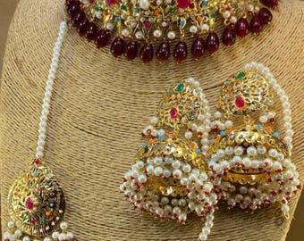 Traditional Necklace Jhumka Tikka Pure Gold Plated Handmade Multi Jewelry Set