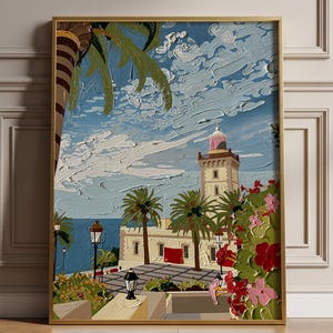 Dipinto ad olio a impasto del faro di Tangeri, paesaggio costiero del Marocco (download digitale)