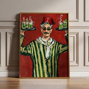 Vintage Moroccan Waiter Mint Tea Print, Traditional Jellaba Poster, Retro Kitchen Art (Digital Download)