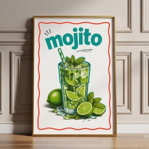 May include: A framed print featuring a refreshing mojito cocktail. The image showcases a tall glass filled with ice, lime slices, and mint leaves, with a straw. The word "MOJITO" is displayed in teal letters above the drink, with a red border.