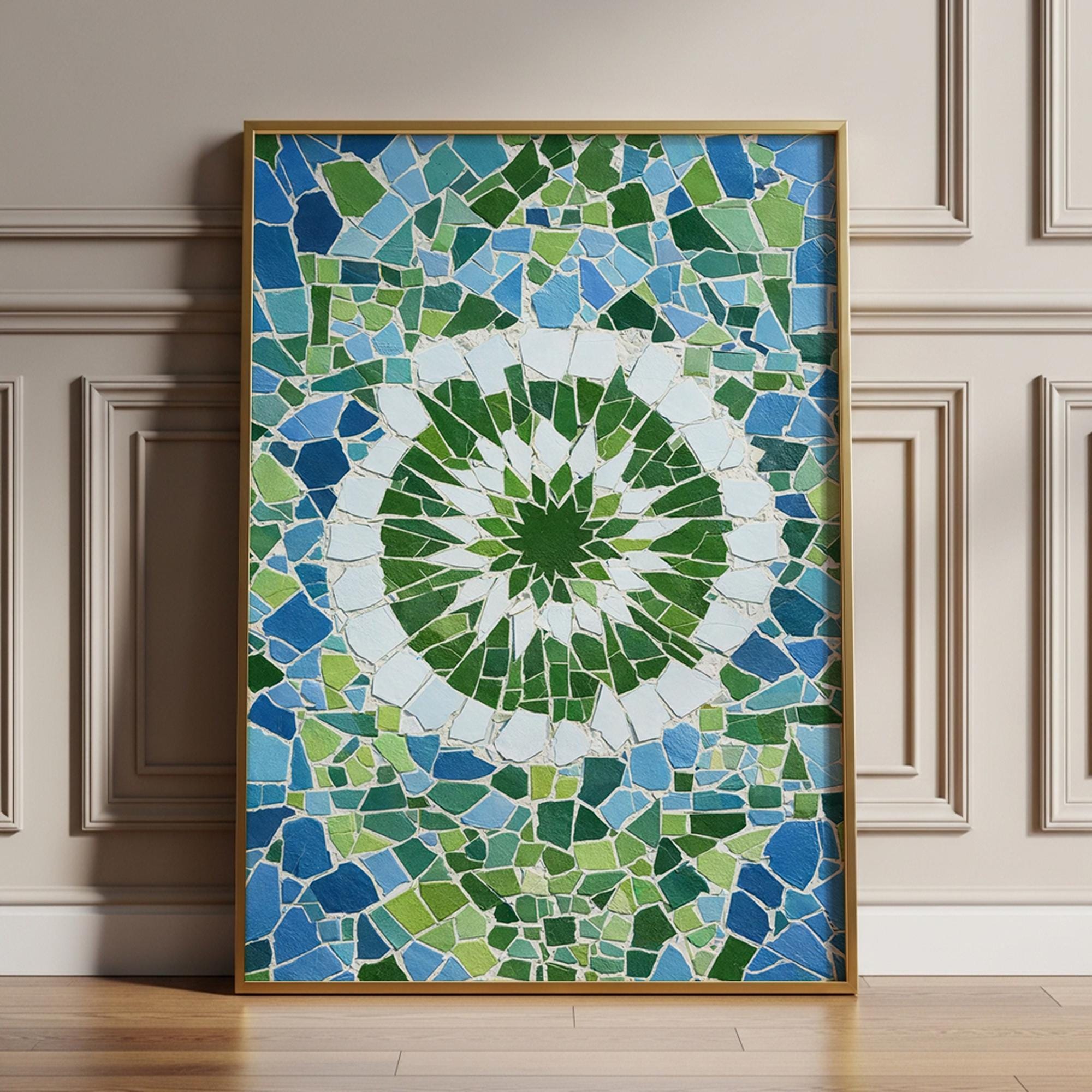 Blue Green Mosaic Wall Art, Moroccan Zellige Tile Print, Panoramic ...