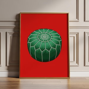 Grön puff marockansk väggkonst, bohemiskt rött geometriskt tryck (digital nedladdning)
