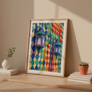 Marockanska lyktor konsttryck | Vibrerande Zellige-kakel, Boho Riad-scen (digital nedladdning)