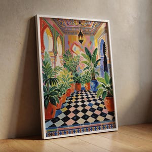 Moroccan Riad Botanical Print, Moorish Architecture Poster, Checkerboard Clay Plants Art, Digital Download