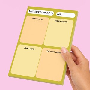 May include: A rectangular task notepad with a green border and four distinct sections in shades of yellow and orange. The header reads "DONT WANT TO BUT GOT TO" and "DATE:". The sections are labeled "REALLY WANT DO", "PROBABLY SHOULD DO", "MAYBE COULD DO", and "MOSTLY NOT GONNA DO".