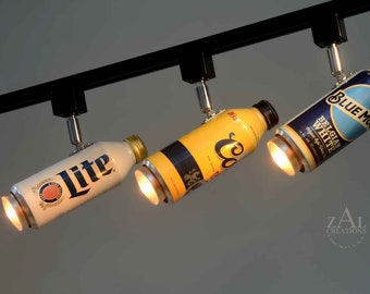 Track Lighting Fixture, Aluminum Beer bottles, 3 Track lights and Track. Beer can.