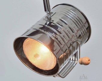 Track Light. Flour Sifter with crank handle. Stainless steel. Bakery lighting. Spot light.