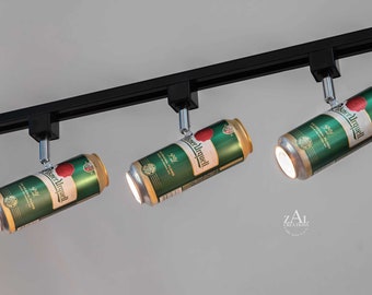 Beer can Track lighting. Track lights with track. Aluminum beer can 16 oz. Spot light. LED. Pilsner Urquell