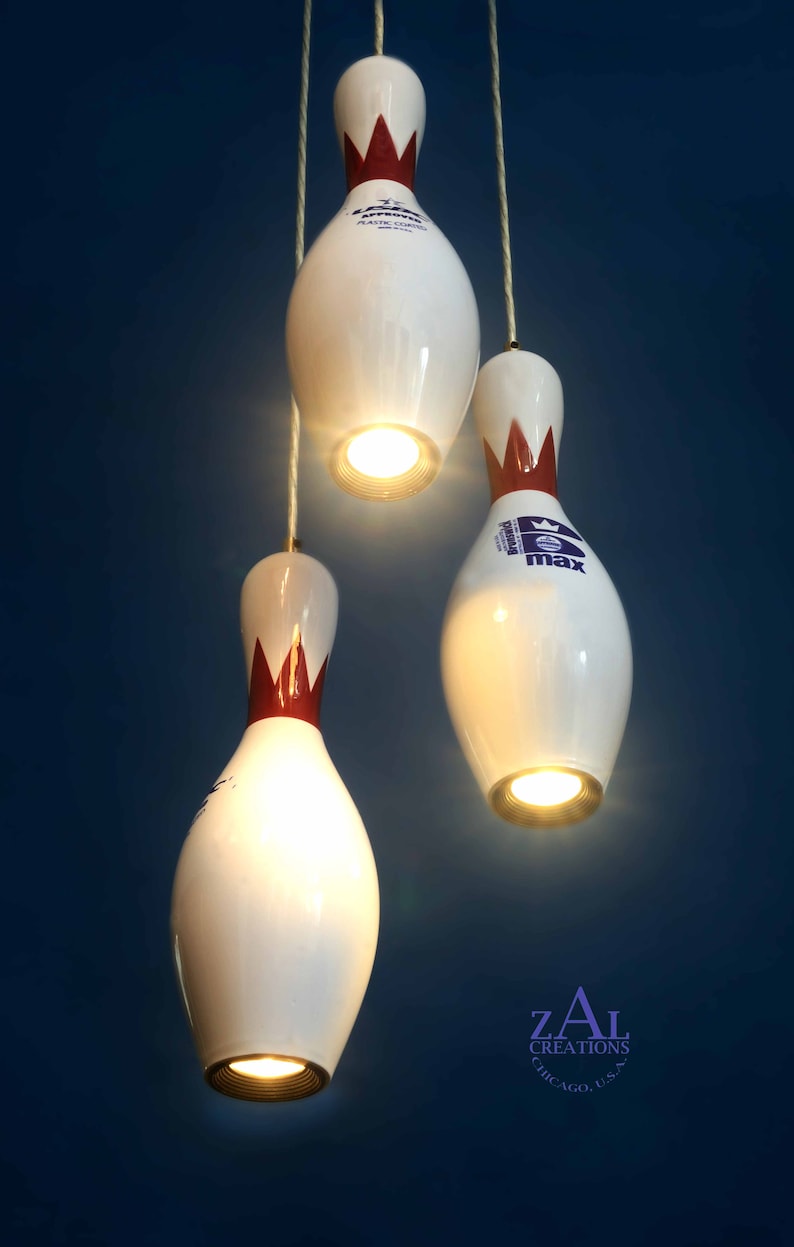 3 Bowling pins. Pendant Light. LED bulbs. Etsy