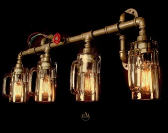 Vanity Light. Plumbing fittings & Beer mugs with vintage style Edison bulbs. Wall light. 3 ft.