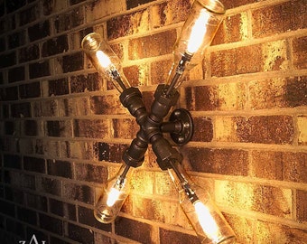 Wall Light. Lamp. Beer bottles,  Plumbing pipe & fittings. Wall light.  Lighting Fixture. Ceiling lamp