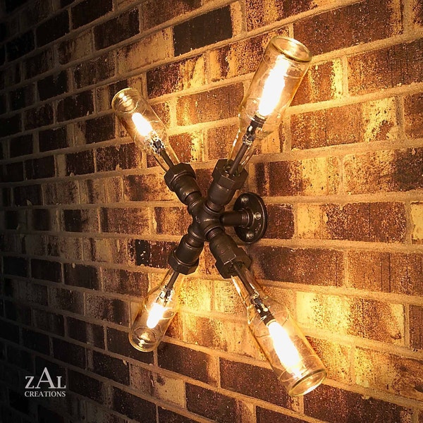 Wall Light. Lamp. Beer bottles,  Plumbing pipe & fittings. Wall light.  Lighting Fixture. Ceiling lamp