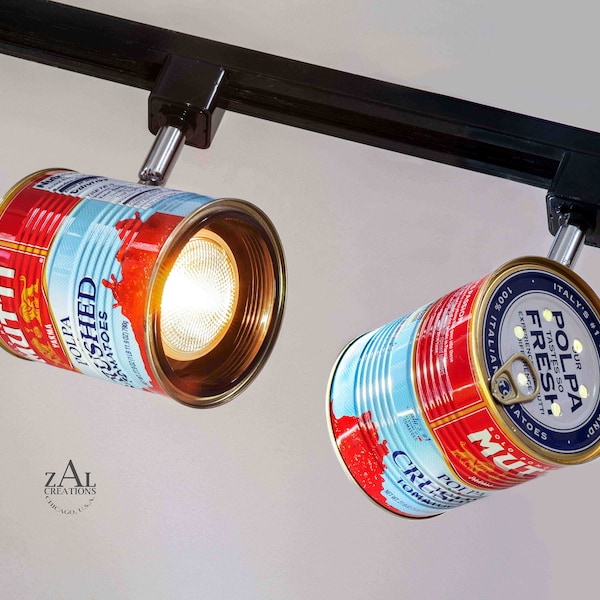 Track light. Canned Tomatoes metal Container. Spot light.