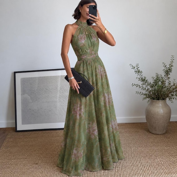 green halter neck wedding guest dress Handmade Green Floral Halter Maxi Dress, Backless Chiffon Boho Wedding  Guest Dress, Flowy Summer Vacation Dress, Beach Resort Gown