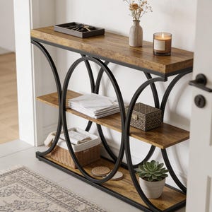 Farmhouse Narrow Console Table with Storage, 2-Tier Entryway Table, Rustic Wood & Metal Sofa Table, Hallway Foyer, Slim Accent Table Decor