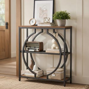 玄関コンソールテーブル 3段収納棚 スリムソファ インダストリアル ウッド メタル ホールウェイテーブル 円形ベース 素朴な玄関テーブル リビングルーム用