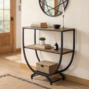 3-Tier Industrial Style Console Table Storage, Rustic Brown Entryway Metal Frame Sofa Table, Narrow Hallway, Living Room Accent Furniture