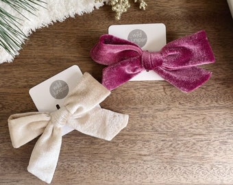 Holiday Velvet Bow Clip Set - Velvet Barrette - Gift for Girl - Gifts Girl- Mauve and Oatmeal Velvet Bow Clip