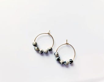 Minimalist Dalmatian Jasper Hoop Earrings | 14k Gold Filled Beaded Hoops | Speckled Stone Earrings | Boho Everyday Jewelry Gift for Her
