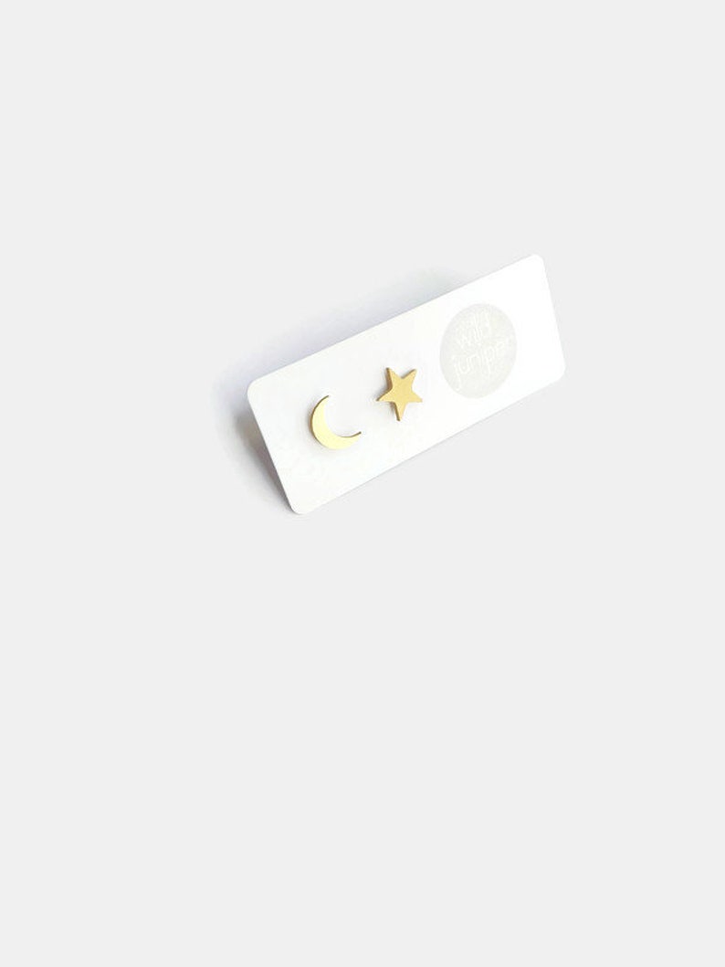 Moon Star Earrings Gold . Gold Studs image 5