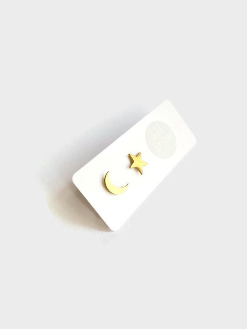 Moon Star Earrings Gold . Gold Studs image 6