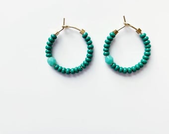 Small Gold Filled Hoop Earrings | Deep Teal & Turquoise Beaded Hoops | Minimalist Dainty Hoop Earrings | Everyday Boho Jewelry