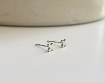 Tiny Silver Studs Earrings - Hypoallergenic Studs - Plus Sign X