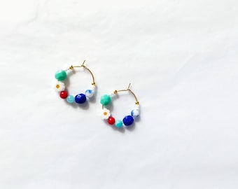 Blue Turquoise Gold Hoop Earrings | Whimsical Beaded Earrings | Daisy Inspired Jewelry | Coastal Gold Hoops | Handmade Gift for Her