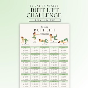 Butt Lift | 30 Day Challenge | Glutes, Hips & Leg Exercises | Printable Butt Workout | Fitness Plan Exercise Chart PDF | 30 Days Challenge