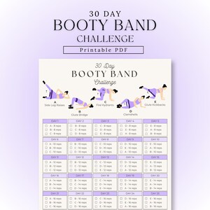 Op de afbeelding: Een printbaar 30 Day Booty Band Challenge PDF-schema met illustraties van vijf oefeningen, gelabeld van A tot E, waaronder zijwaartse beenheffen, glute bridges, fire hydrants, clamshells en glute kickbacks, met een dagelijkse checklist.