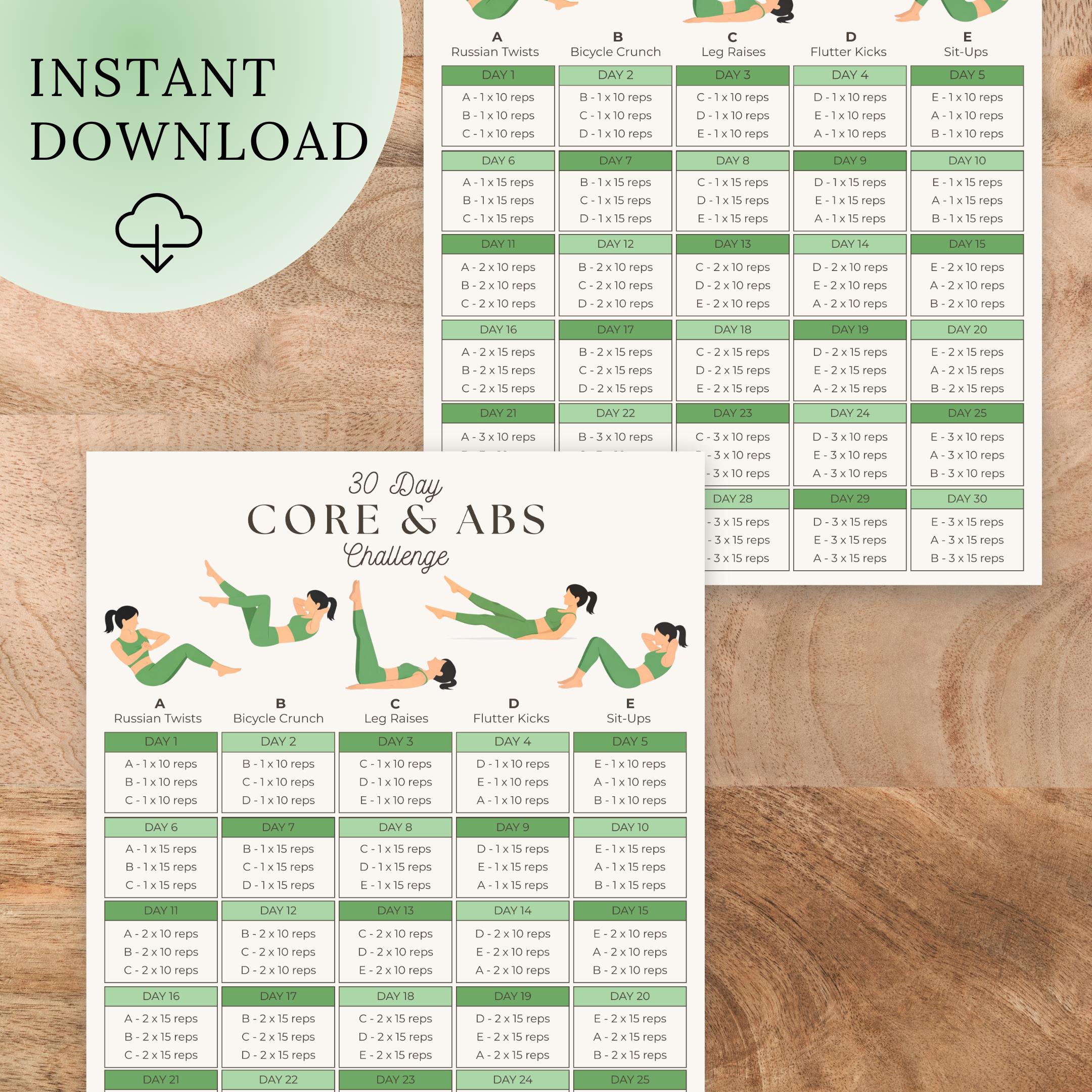 Core & Abs Workout Poster | 30 Day Ab Challenge Printable | Bodyweight ...
