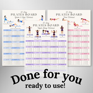 May include: Three 30 Day Pilates Board workout charts featuring illustrations of exercises for glutes and legs, core, and upper body. Each chart includes a daily schedule with specific repetitions for labeled movements like lunges, planks, and curls.