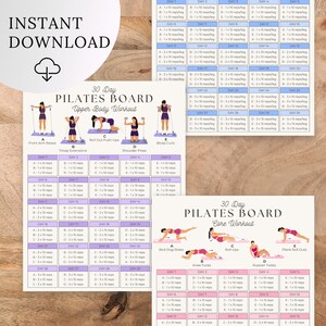 May include: A 30-day Pilates board workout chart featuring upper body and core exercise routines. The document includes illustrated figures demonstrating movements like arm raises, push-ups, and planks, alongside a daily schedule of repetitions.