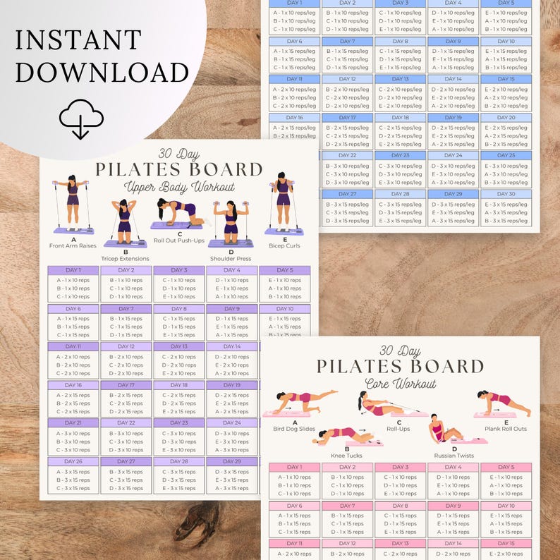 May include: A 30-day Pilates board workout chart featuring upper body and core exercise routines. The document includes illustrated figures demonstrating movements like arm raises, push-ups, and planks, alongside a daily schedule of repetitions.